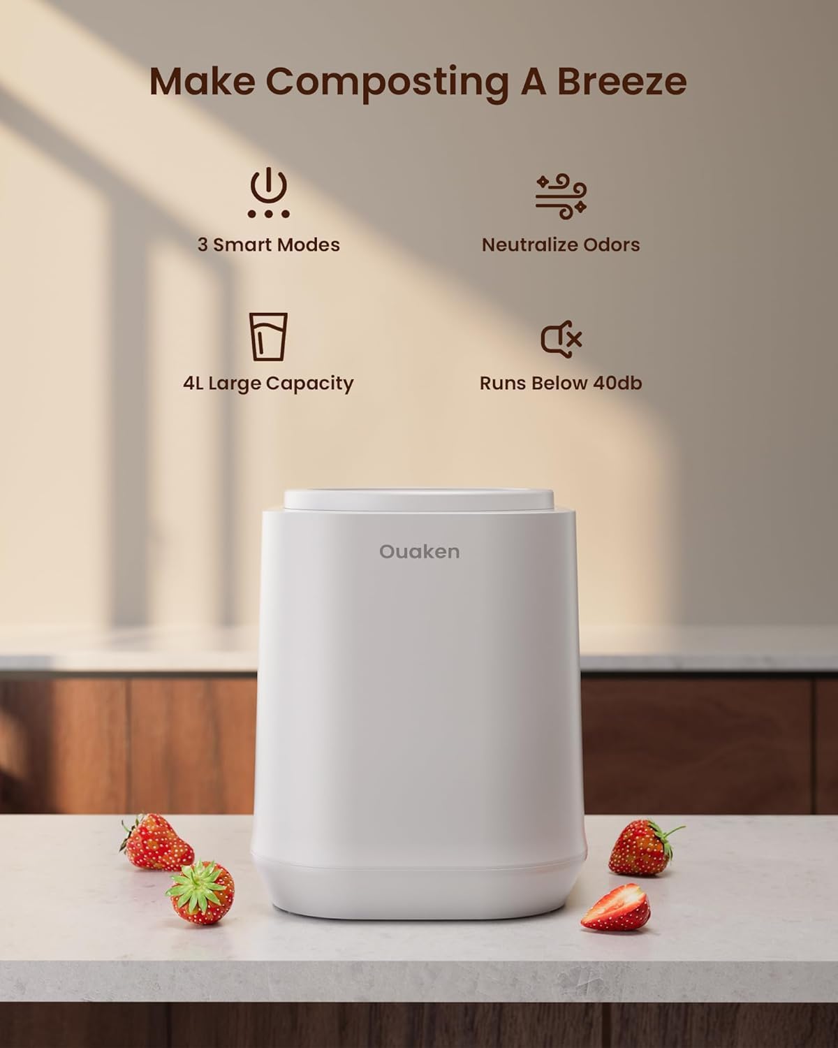 4L White Auto-Clean Odorless Countertop Kitchen Composter