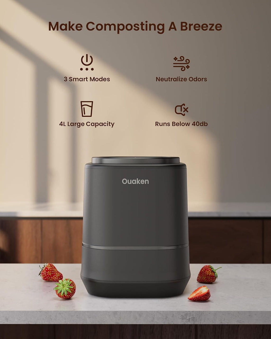 4L Black Smart Auto-Clean Odorless Countertop Kitchen Electric Composter
