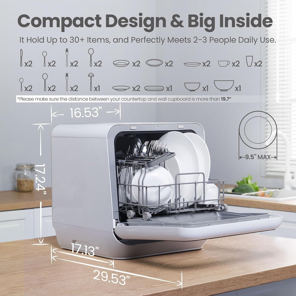 White Mini Dishwasher with 6 Programs Dual Spray System