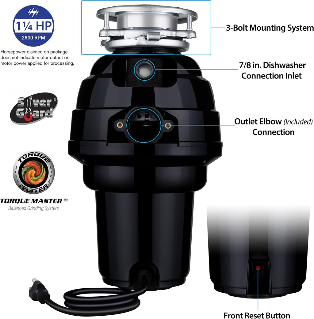 1-1/4 HP Black Anti-Jam Stainless Steel Garbage Disposal