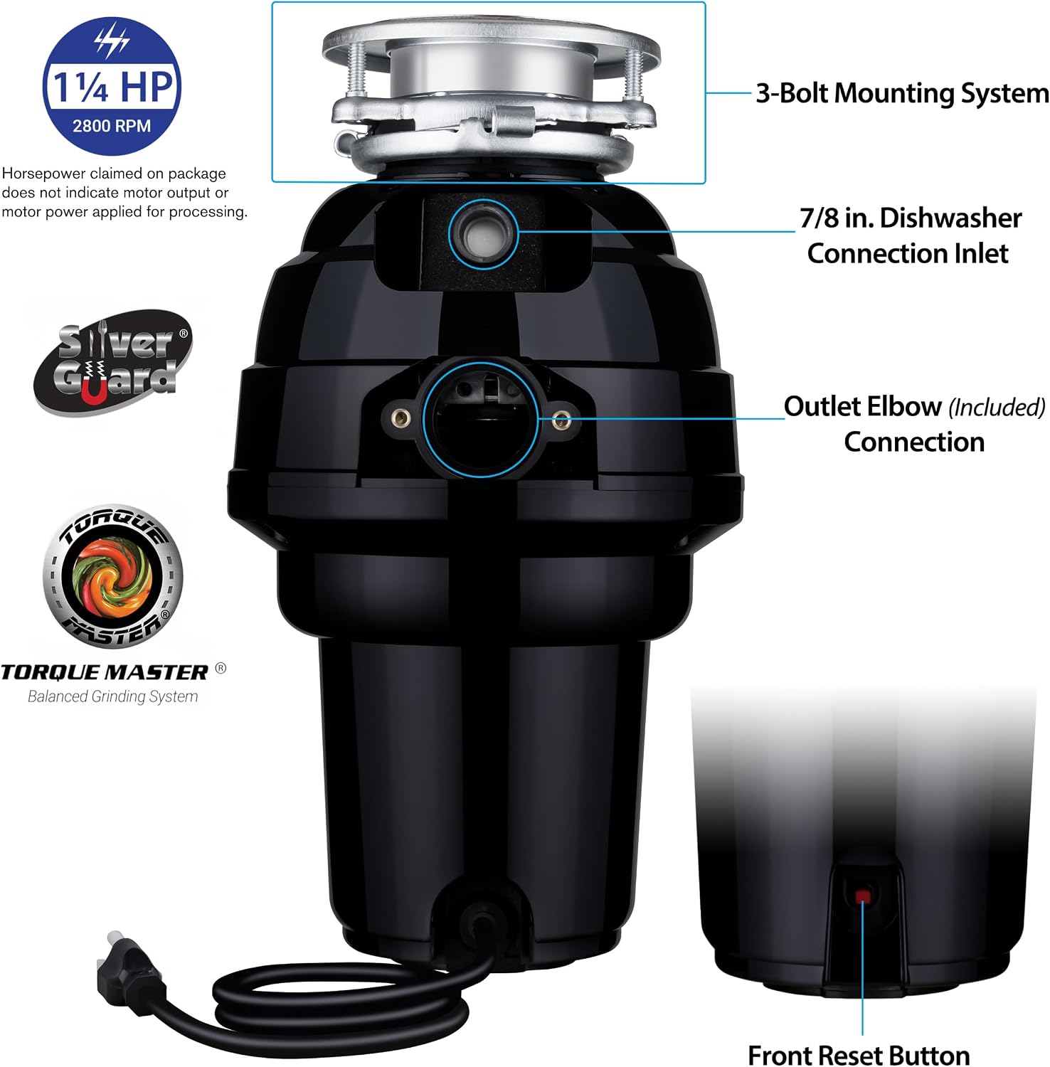 1-1/4 HP Black Anti-Jam Stainless Steel Garbage Disposal