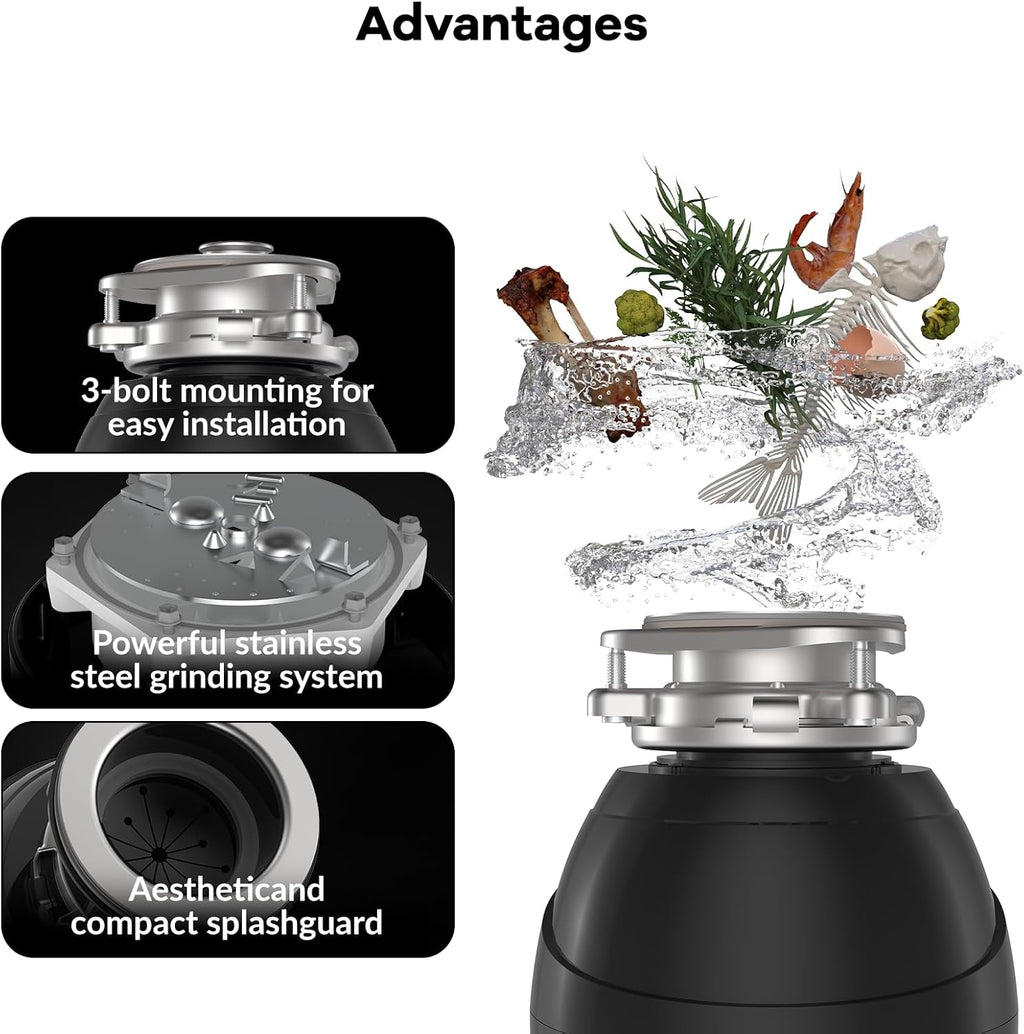 1 HP Black Compact Stainless Steel Kitchen Sink Garbage Disposal