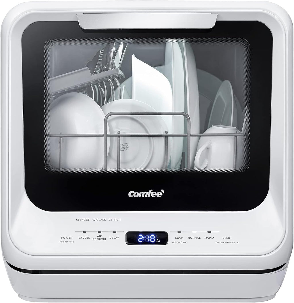 White Mini Dishwasher with 6 Programs Dual Spray System