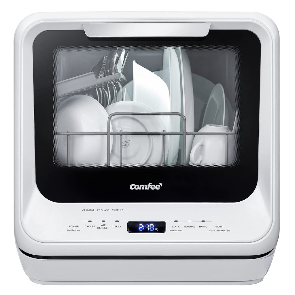 White Mini Dishwasher with 6 Programs Dual Spray System