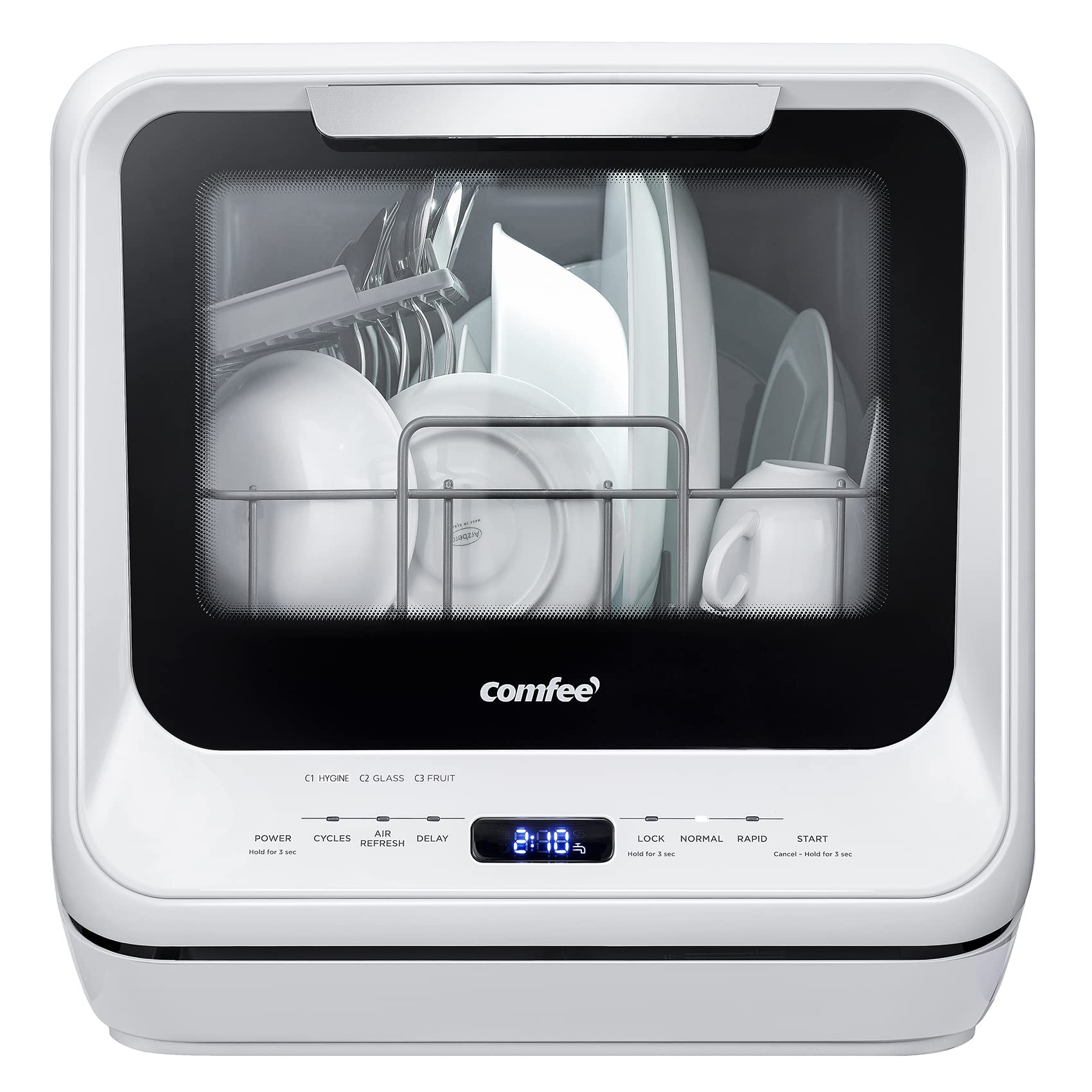 White Mini Dishwasher with 6 Programs Dual Spray System