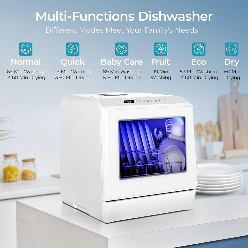 White Mini Portable Dishwasher with 6 Wash Programs