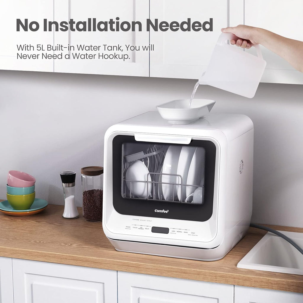 White Mini Dishwasher with 6 Programs Dual Spray System