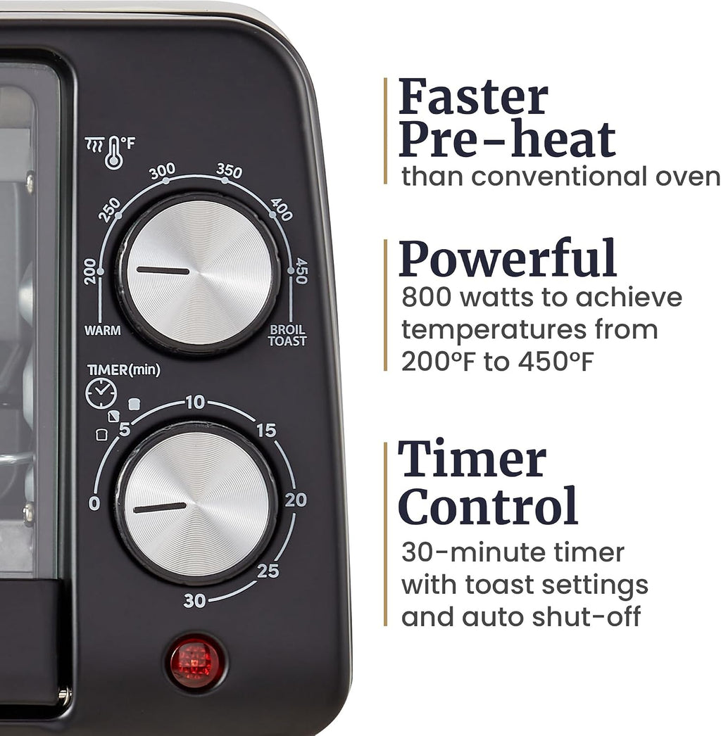 800W Black 4-Slice Compact Countertop Toaster Oven