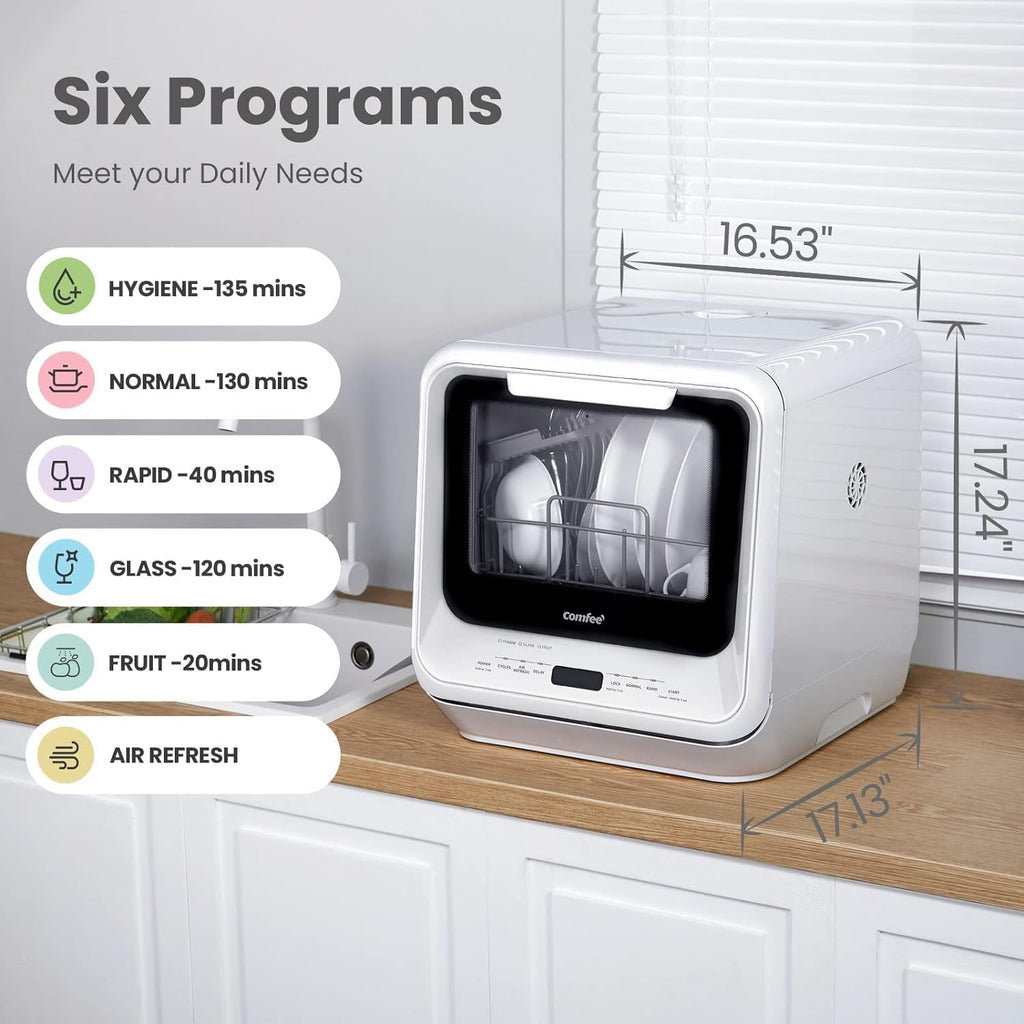 White Mini Dishwasher with 6 Programs Dual Spray System