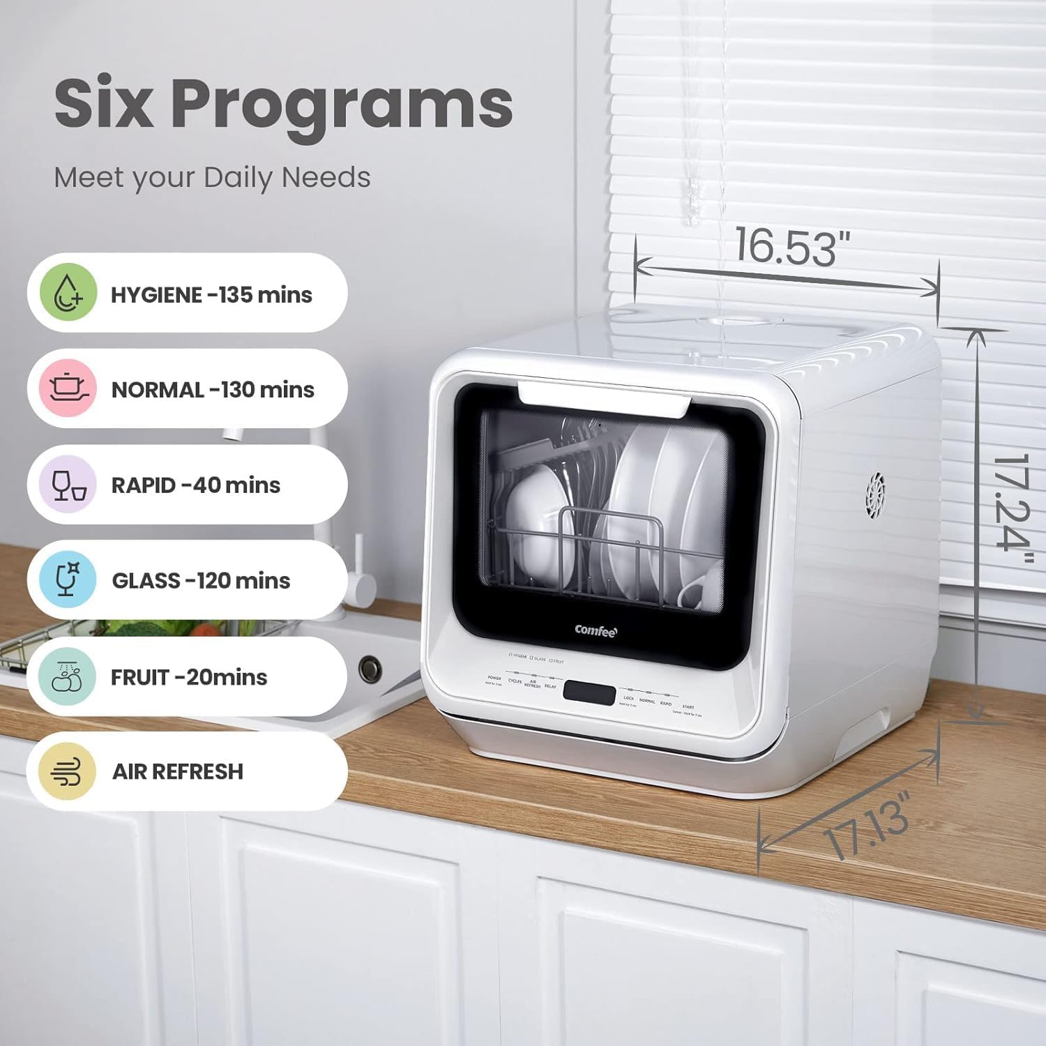 White Mini Dishwasher with 6 Programs Dual Spray System