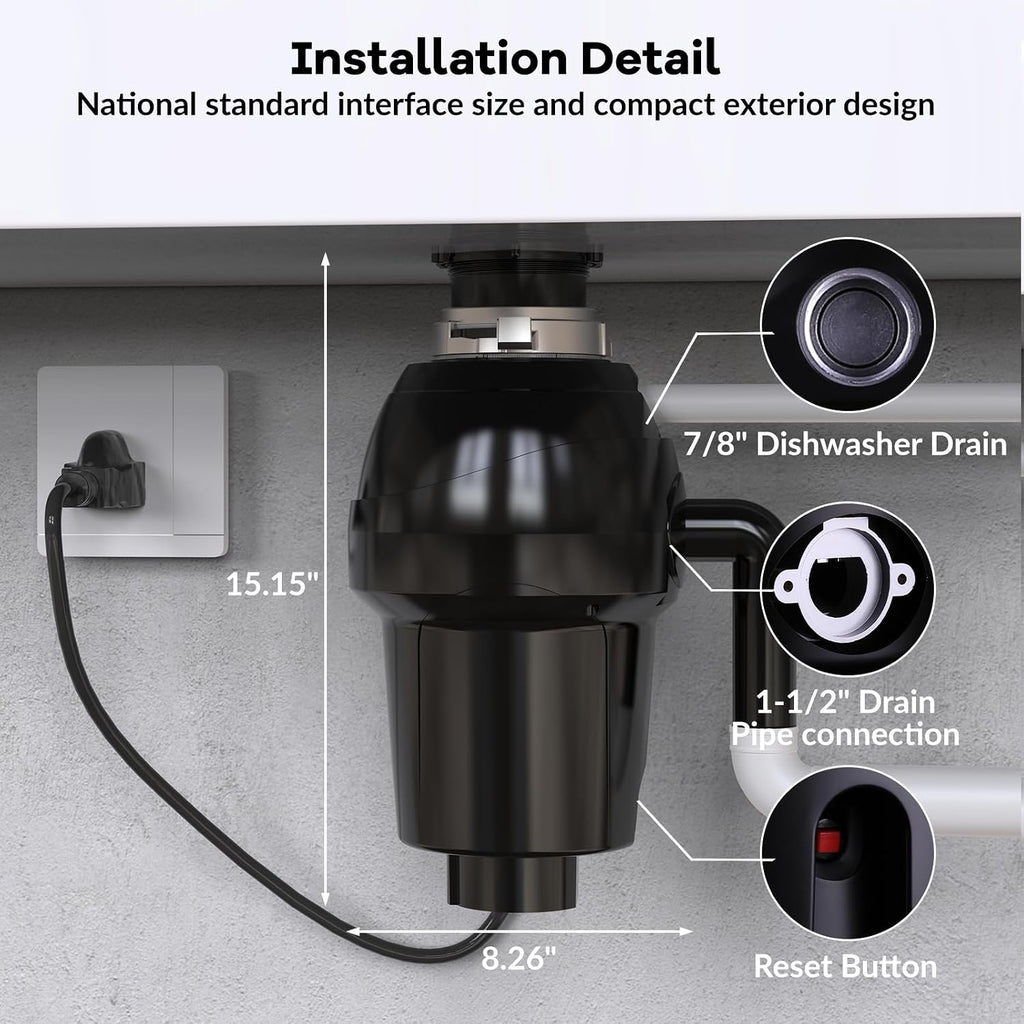 1 HP Black Compact Stainless Steel Kitchen Sink Garbage Disposal