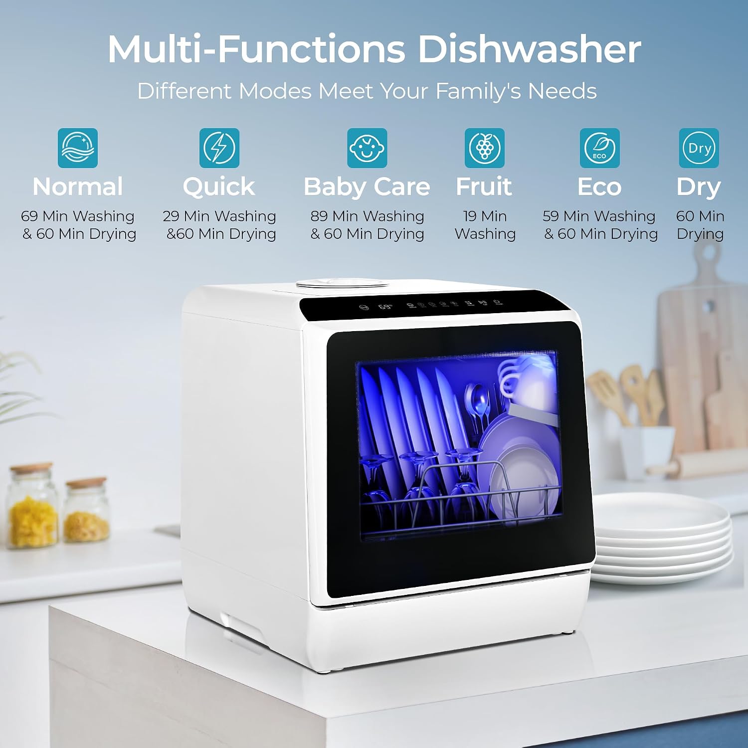 Portable Mini Dishwasher with 6 Wash Modes High Temp Air Dry