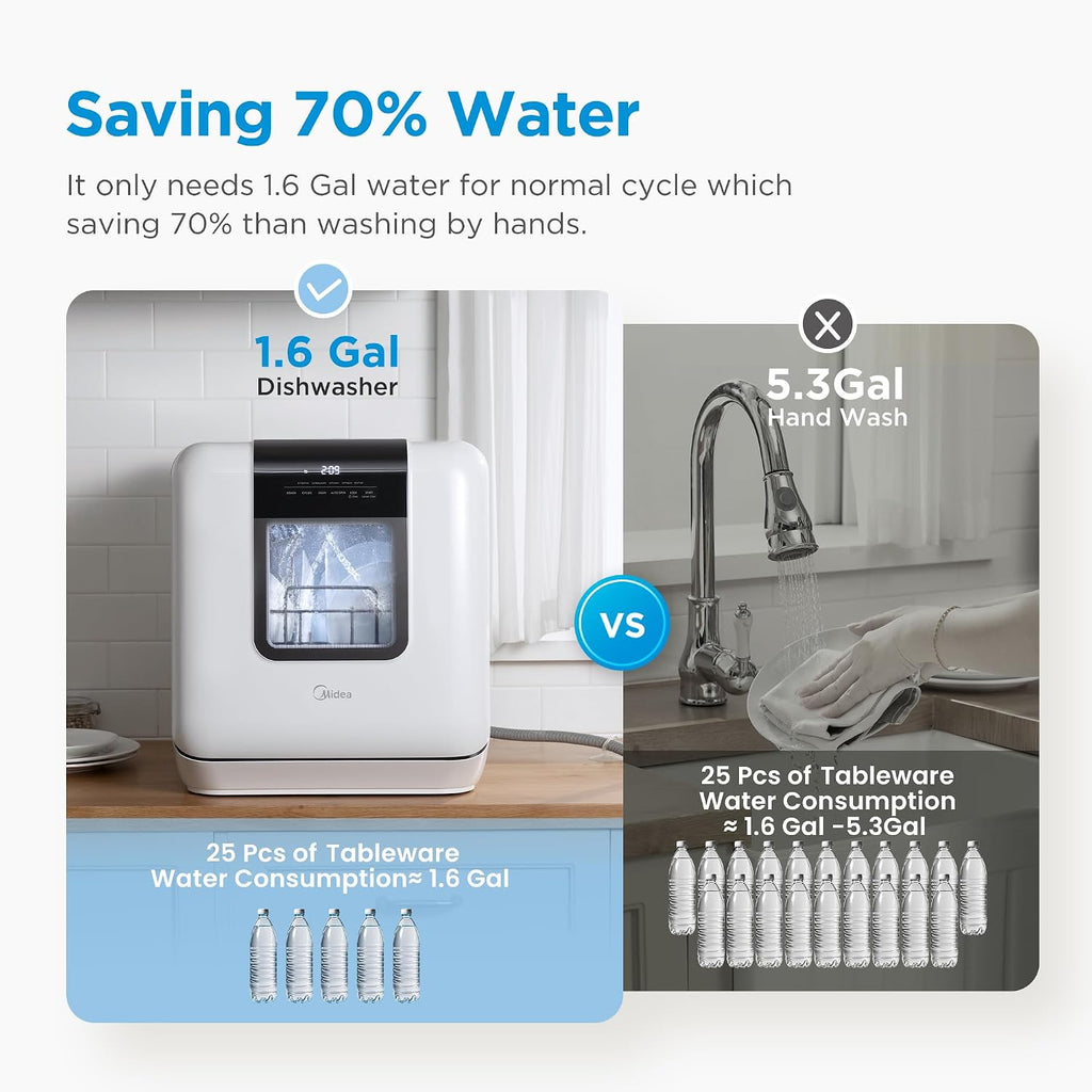 White Portable Countertop Dishwasher with Dual Drying System