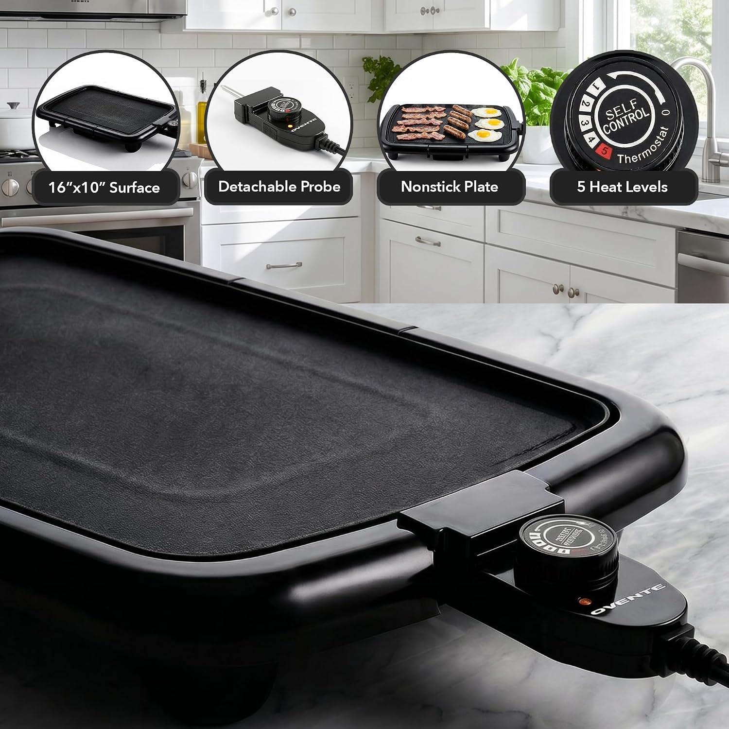 16x10 Inch Black Nonstick Adjustable Temp Griddle