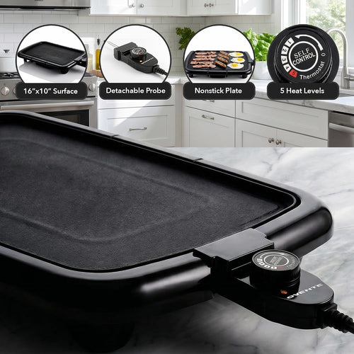 16x10 Inch Black Nonstick Adjustable Temp Griddle