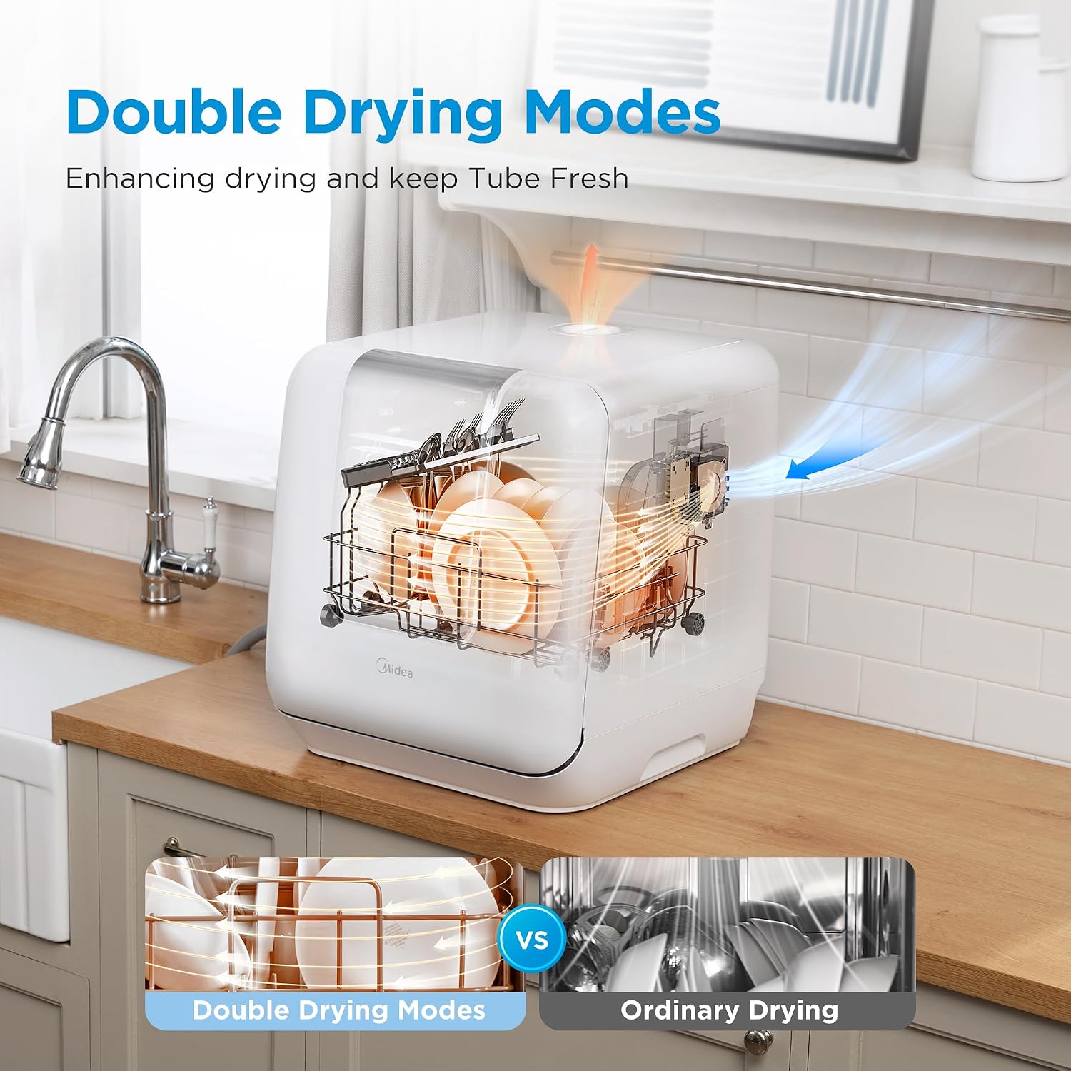 White Portable Countertop Dishwasher with Dual Drying System